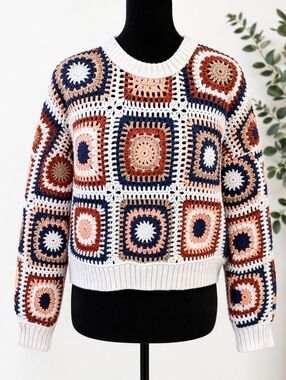 American Eagle XS Crochet Granny Square Boho Cropped Sweater